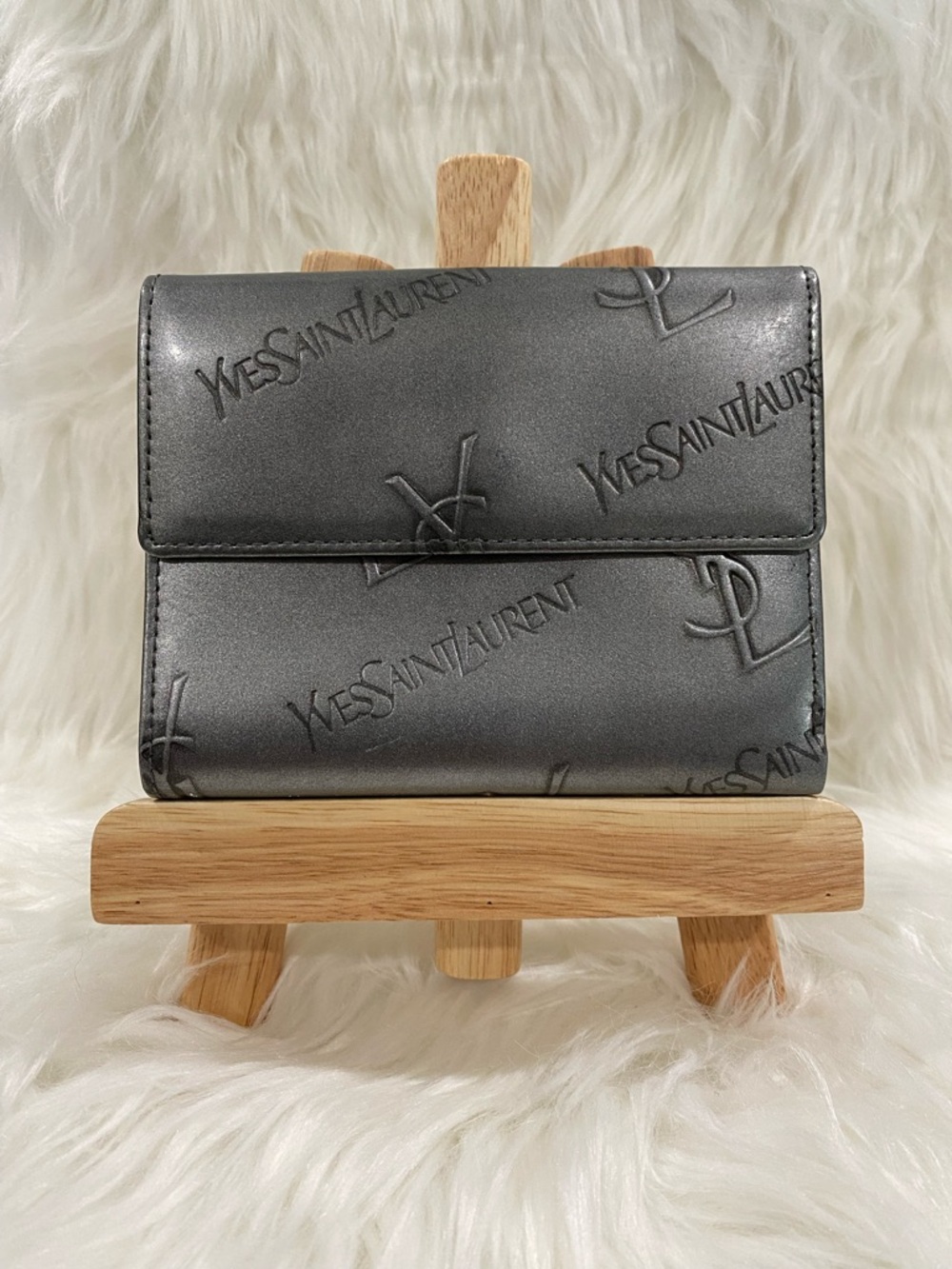 Yves Saint Laurent Metallic Charcoal Embossed Logo Wallet RARE!